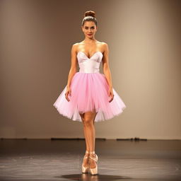 A woman standing on stage wearing a pink ballerina tutu and matching pink ballerina shoes