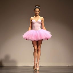 A woman standing on stage wearing a pink ballerina tutu and matching pink ballerina shoes