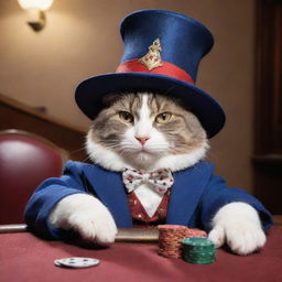 Revisit the previous image, modifying it to a side view. The magician cat lounging in poker-themed clothes and magical hat, viewed sideways