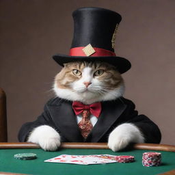 Revisit the previous image, modifying it to a side view. The magician cat lounging in poker-themed clothes and magical hat, viewed sideways