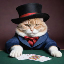 Modify the previous image to a sideways view of the magician cat laying down in its poker-themed clothes and wearing a magician's hat