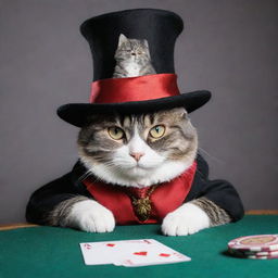 Modify the previous image to a sideways view of the magician cat laying down in its poker-themed clothes and wearing a magician's hat