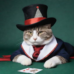 Modify the previous image to a sideways view of the magician cat laying down in its poker-themed clothes and wearing a magician's hat