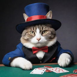 Modify the previous image to a sideways view of the magician cat laying down in its poker-themed clothes and wearing a magician's hat