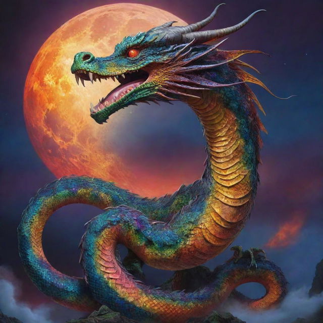 A highly detailed, colorful depiction of the mythical Bakunawa serpent dragon. Set against a vivid background portraying the legend of the creature consuming the moon.