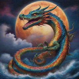 A highly detailed, colorful depiction of the mythical Bakunawa serpent dragon. Set against a vivid background portraying the legend of the creature consuming the moon.