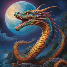 A highly detailed, colorful depiction of the mythical Bakunawa serpent dragon. Set against a vivid background portraying the legend of the creature consuming the moon.