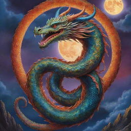 A highly detailed, colorful depiction of the mythical Bakunawa serpent dragon. Set against a vivid background portraying the legend of the creature consuming the moon.