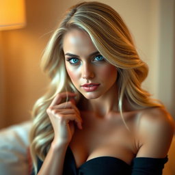 A seductive blonde woman with striking blue eyes, elegantly posed in a soft, inviting environment