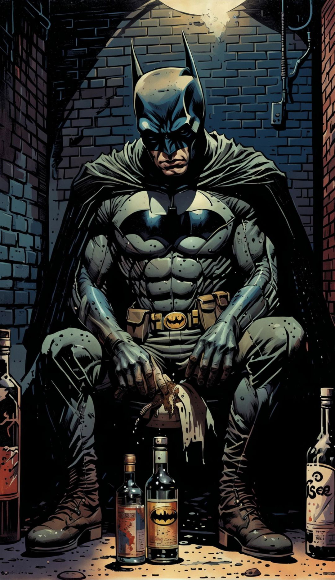 A noir-style comic book illustration of Batman as a homeless alcoholic sitting in an alleyway with empty liquor bottles scattered around him.