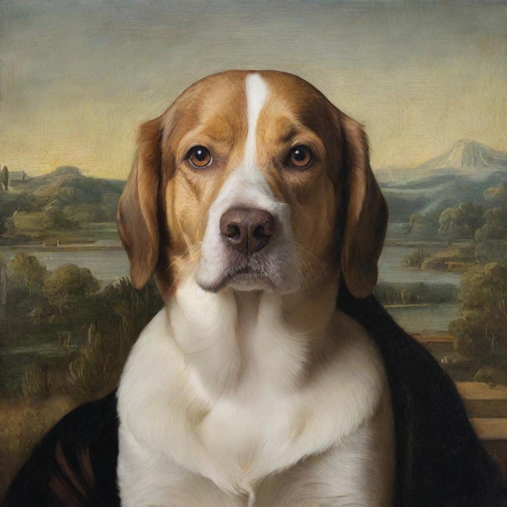 A reinterpretation of the iconic Mona Lisa, with the subject transformed into a expressive and enigmatic dog