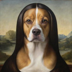 A reinterpretation of the iconic Mona Lisa, with the subject transformed into a expressive and enigmatic dog