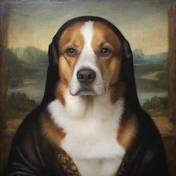 A reinterpretation of the iconic Mona Lisa, with the subject transformed into a expressive and enigmatic dog