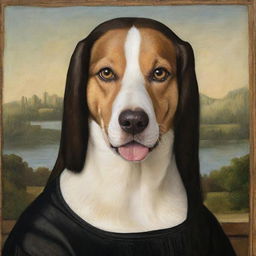 Turn the previous Mona Lisa dog image into a fun, cartoony version, maintaining her enigmatic smile and expressive eyes