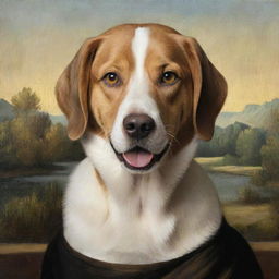 Turn the previous Mona Lisa dog image into a fun, cartoony version, maintaining her enigmatic smile and expressive eyes