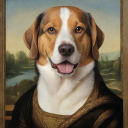 Turn the previous Mona Lisa dog image into a fun, cartoony version, maintaining her enigmatic smile and expressive eyes