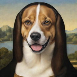 Turn the previous Mona Lisa dog image into a fun, cartoony version, maintaining her enigmatic smile and expressive eyes