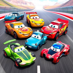 A colorful and dynamic collection of five different car models inspired by the animated movie 'Cars'