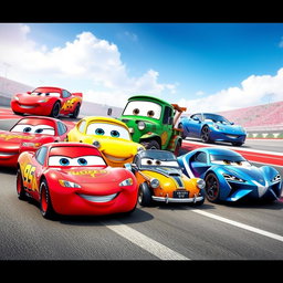 A colorful and dynamic collection of five different car models inspired by the animated movie 'Cars'