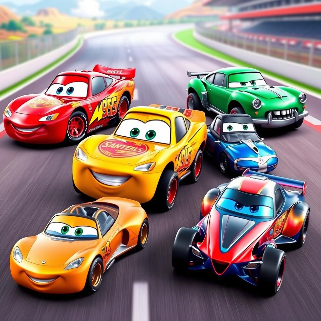 A colorful and dynamic collection of five different car models inspired by the animated movie 'Cars'