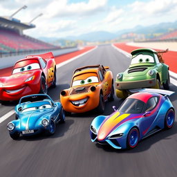 A colorful and dynamic collection of five different car models inspired by the animated movie 'Cars'