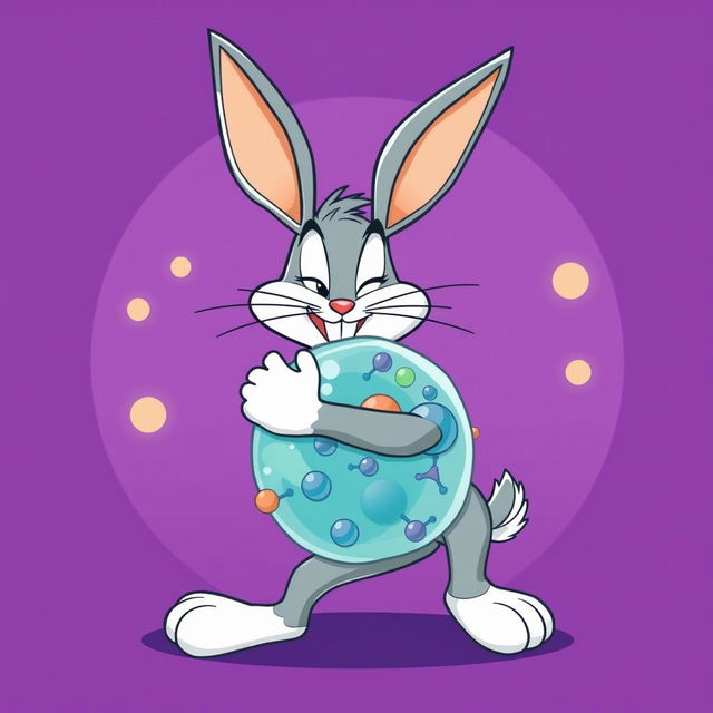 A playful illustration of Bugs Bunny, the iconic cartoon character, affectionately hugging a stylized molecular structure representing a cell membrane