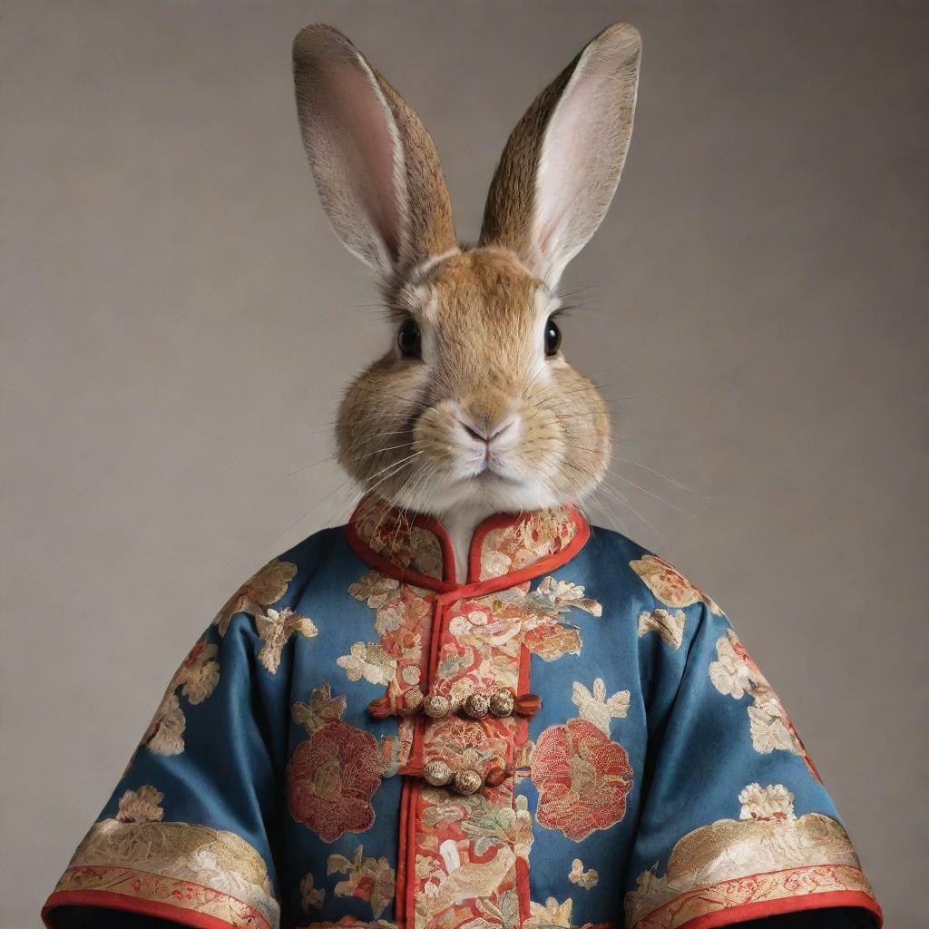 A rabbit adorned in classical Chinese fashion garments, with integrated elements of oriental aesthetic detail.