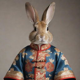 A rabbit adorned in classical Chinese fashion garments, with integrated elements of oriental aesthetic detail.