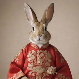 A rabbit adorned in classical Chinese fashion garments, with integrated elements of oriental aesthetic detail.