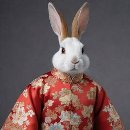 A rabbit adorned in classical Chinese fashion garments, with integrated elements of oriental aesthetic detail.