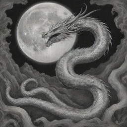 A highly detailed black and white pencil drawing of the Bakunawa serpent dragon, set against a dramatic, intricate background depicting the creature consuming the moon.