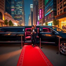 A luxurious limousine parked elegantly in an upscale urban setting, surrounded by vibrant nightlife