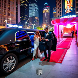 A luxurious limousine parked elegantly in an upscale urban setting, surrounded by vibrant nightlife