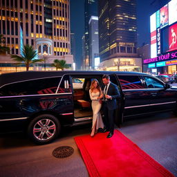 A luxurious limousine parked elegantly in an upscale urban setting, surrounded by vibrant nightlife