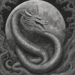 A highly detailed black and white pencil drawing of the Bakunawa serpent dragon, set against a dramatic, intricate background depicting the creature consuming the moon.