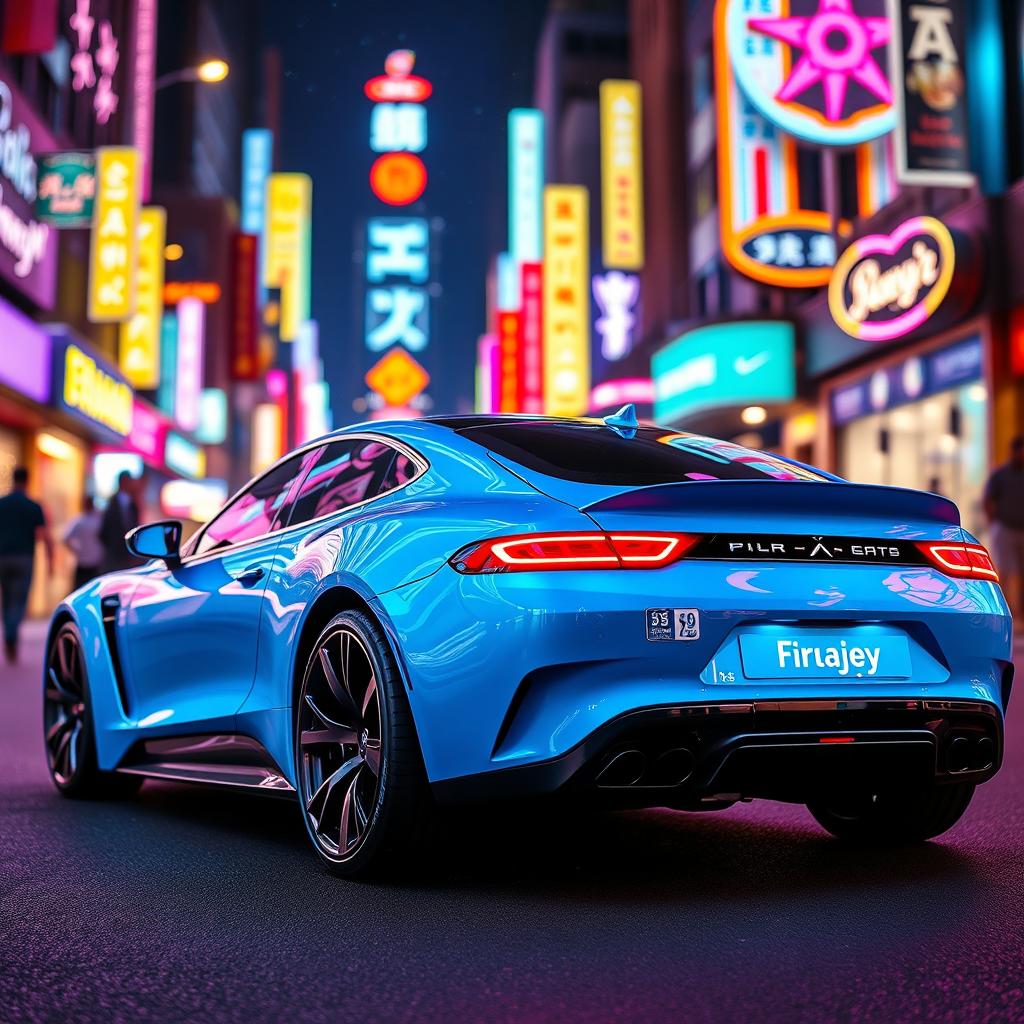 A vibrant blue car illuminated with neon lights, showcasing a sleek and modern design