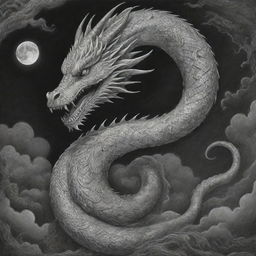 A highly detailed black and white pencil drawing of the Bakunawa serpent dragon, set against a dramatic, intricate background depicting the creature consuming the moon.