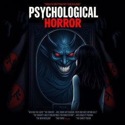 A thrilling movie poster for a psychological horror film, featuring a girl standing in front of a mirror