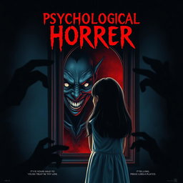 A thrilling movie poster for a psychological horror film, featuring a girl standing in front of a mirror