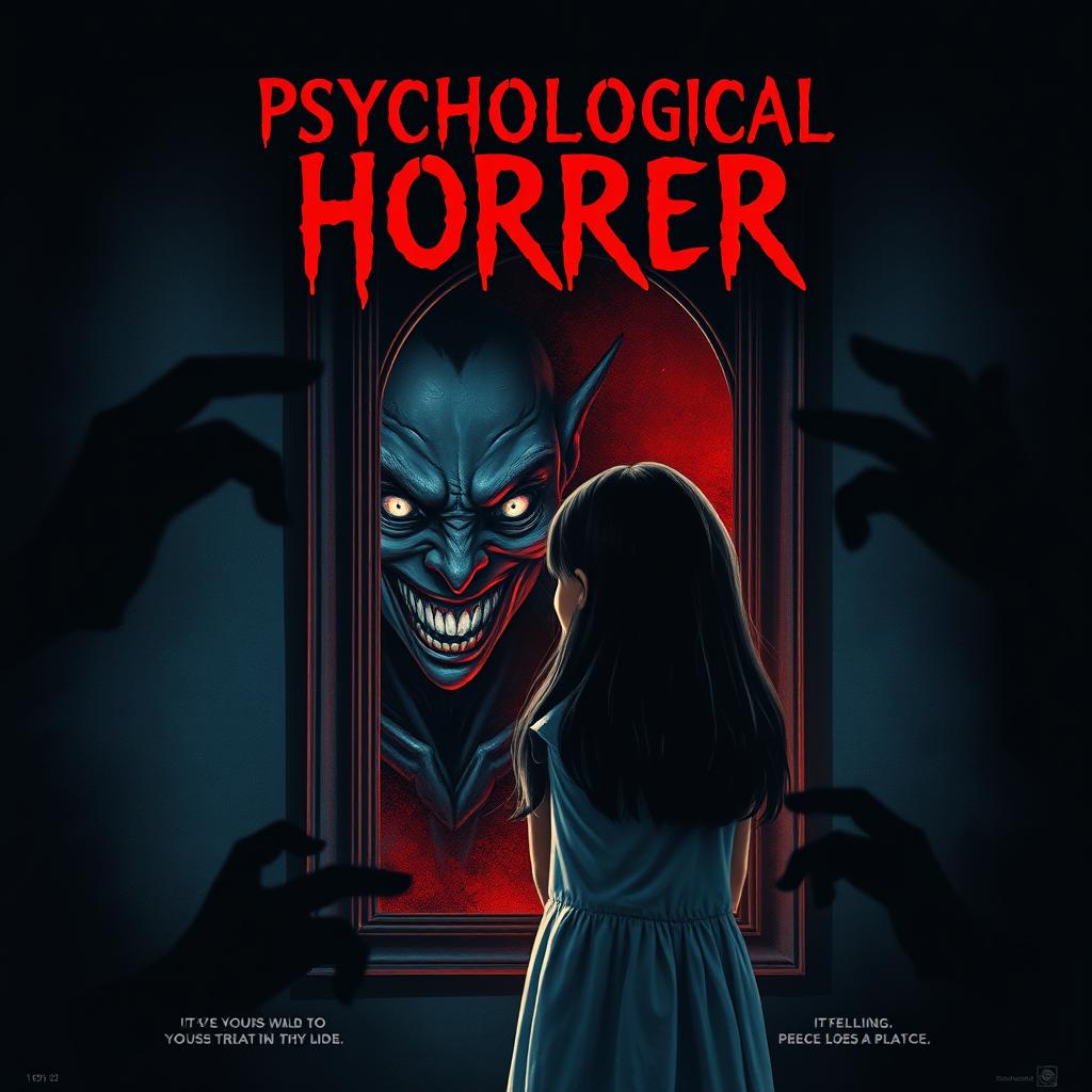 A thrilling movie poster for a psychological horror film, featuring a girl standing in front of a mirror