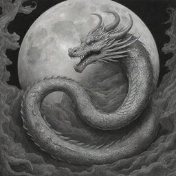 A highly detailed black and white pencil drawing of the Bakunawa serpent dragon, set against a dramatic, intricate background depicting the creature consuming the moon.