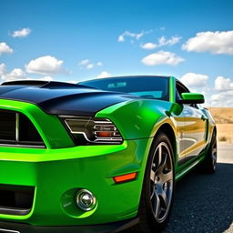 An impressive green and black Mustang Cobra parked in a scenic landscape