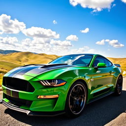 An impressive green and black Mustang Cobra parked in a scenic landscape