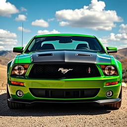 An impressive green and black Mustang Cobra parked in a scenic landscape