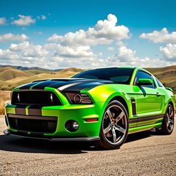 An impressive green and black Mustang Cobra parked in a scenic landscape