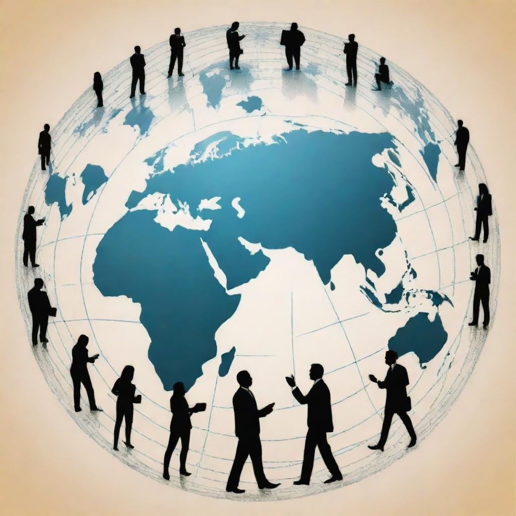 A stylized stencil drawing illustrating the concept of networking running the world, embodying interconnectedness with global landmarks and communication symbols.