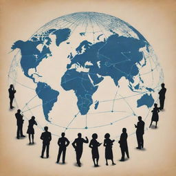 A stylized stencil drawing illustrating the concept of networking running the world, embodying interconnectedness with global landmarks and communication symbols.