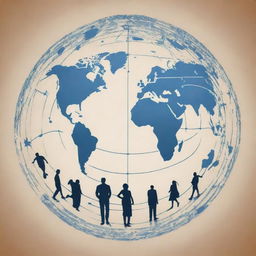 A stylized stencil drawing illustrating the concept of networking running the world, embodying interconnectedness with global landmarks and communication symbols.