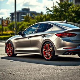 A stunning Hyundai Elantra parked on a scenic street, showcasing sleek lines and a modern design