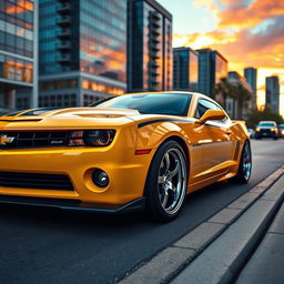 A striking yellow and black Camaro parked on a city street, showcasing its sleek and muscular design